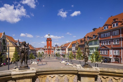 Water art and town hall tower, Gotha, Thuringia, Germany, Europe