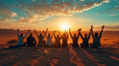 Kneeling people praying to god and Jesus in the desert. Scenic dramatic sunset, AI generated