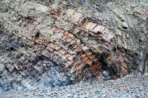 Complex folding of sedimentary rock strata in coastal cliffs at Hartland Quay, north Devon,