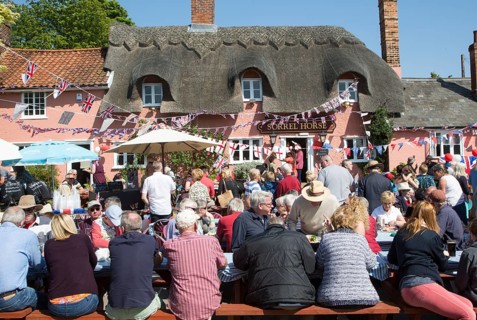 Street party celebrating royal wedding of Prince harry and Meghan Markle, Sorrel Horse Suffolk,