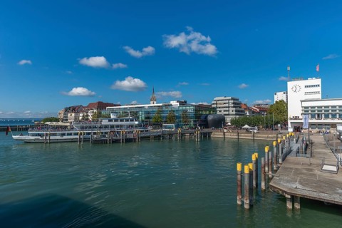 Zeppelin Museum, pier, harbour, passenger ship, K 42 Medienhaus, Friedrichshafen on Lake Constance,