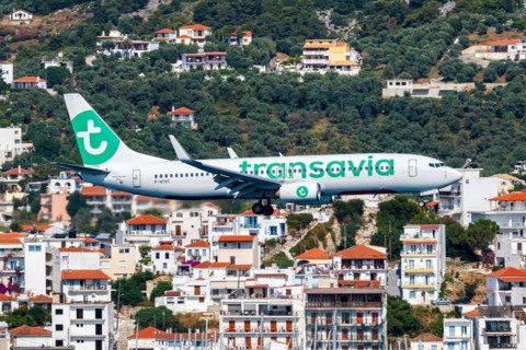 A Boeing 737-800 aircraft of Transavia with the registration number F-HTVT at Skiathos Airport,