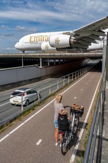 Amsterdam Schiphol Airport, Emirates Airbus A380, on the taxiway, to the Polderbaan runway, bridge