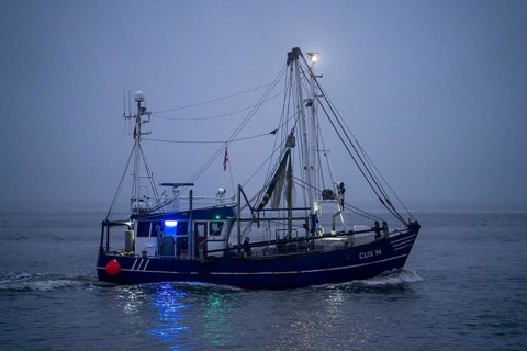 Thick fog in winter, hangs over the mouth of the Elbe into the North Sea, fishing boat, shrimp