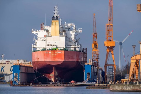 Lloyd Werft, dry dock, freighter Atlantic Journey, shipyard in the overseas harbour of Bremerhaven,