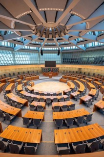 The empty plenary chamber of the North Rhine-Westphalia state parliament in Düsseldorf, North