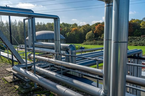 Biogas storage, pipelines of the Reterra biogas plant, biogas is produced in a fermenter over a