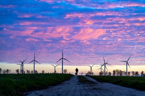 Wind farm near Holzweiler, town of Erkelenz, wind turbines, man walking his dog, North
