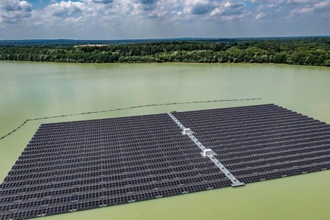 Germany's largest floating solar power plant on the Silbersee III, a quarry pond no longer used for