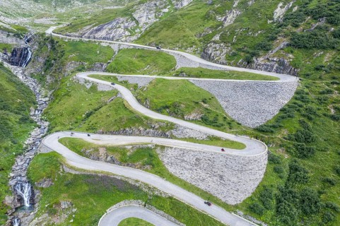 Historical road Tremola, mountain pass Sasso San Gotthardo, aerial view, Switzerland, Europe