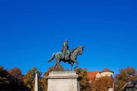 Monument to Emperor Wilhelm I on Karlsplatz, historical square, equestrian statue, sculpture, large