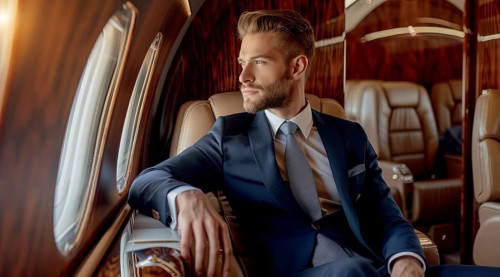 Successful businessman sitting in a plane, looking out the window. Business travel, global