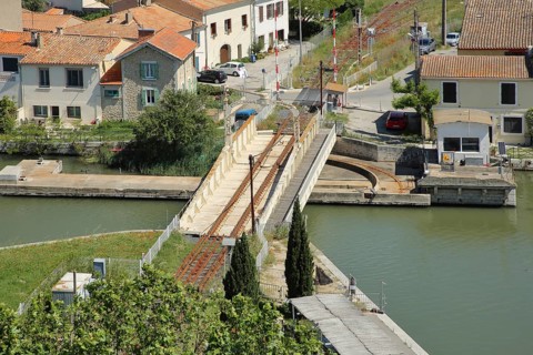 View of railway swing bridge over the Canal du Rhone a Sete, canal with swing bridge, track,