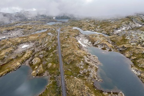 Aerial view of the Sognefjell road, mountain road along Jotunheimen National Park, Norway, Europe