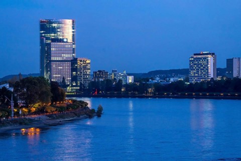 Skyline Bonn on the Rhine, in front the UNFCCC Secretariat of the Framework Convention on Climate