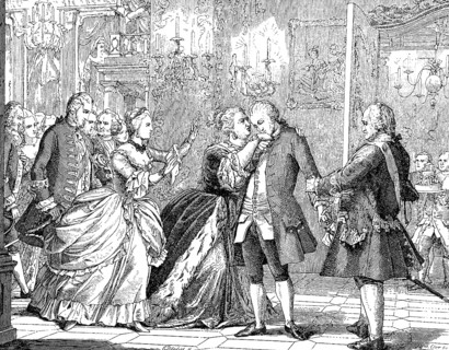 Return of Crown Prince Frederick and reconciliation with his father, palace, hall, mother,