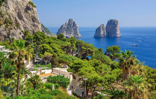 South coast with the Faraglioni rocks, the island's landmarks, Capri, Campanian Archipelago, Gulf