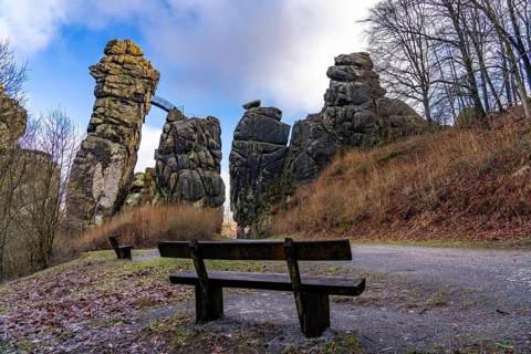 The Externsteine, a sandstone rock formation, in the Teutoburg Forest, near Horn-Bad Meinberg,