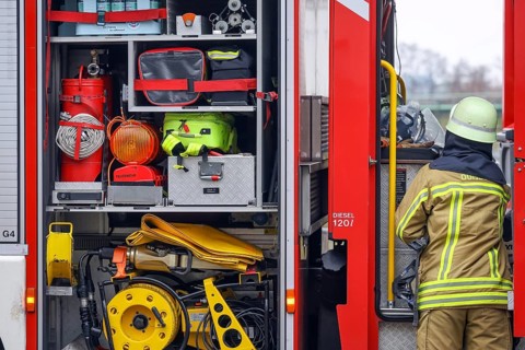 Duisburg, North Rhine-Westphalia, Germany, firefighting exercise, people are rescued from a burning