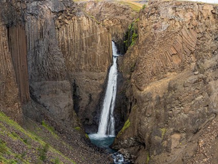 Litlanesfoss waterfall, hexagonal basalt columns, Iceland, Europe