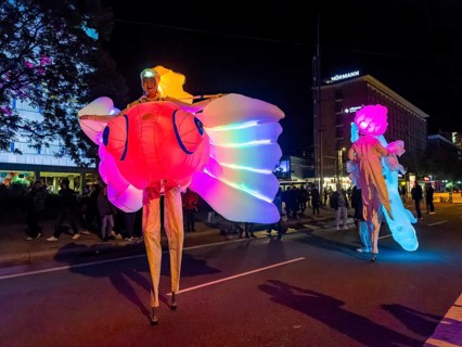 Walking act, underwater, stilt artists float gracefully across the festival as fish, octopus or