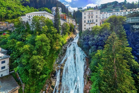 Panorama of the historic town centre with waterfall of the Gasteiner Ache, Bad Gastein, Gastein