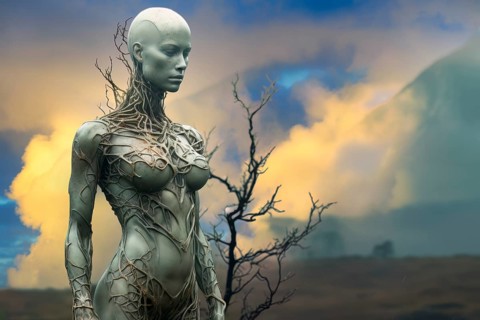 Humanoid in a strange loneliness environment, AI generated