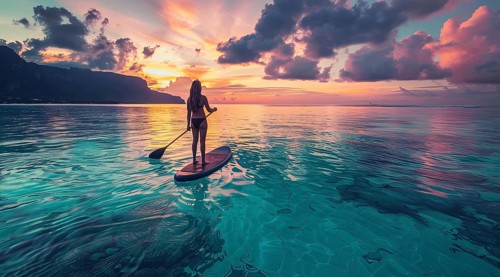 SUP paddling, Young attractive lady on a stand up paddle on serene beautiful lake at sunset., AI