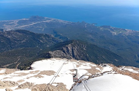 View of the Turkish Riviera from the snow-covered Tahtali Dagi, cable car, Turkey, Asia