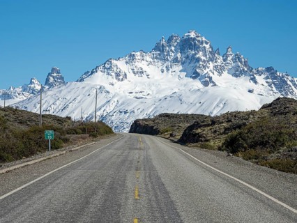 Snow-capped Mt. Cerro Castillo, rural road to Puerto Ingeniero Ibanez, east of Villa Cerro