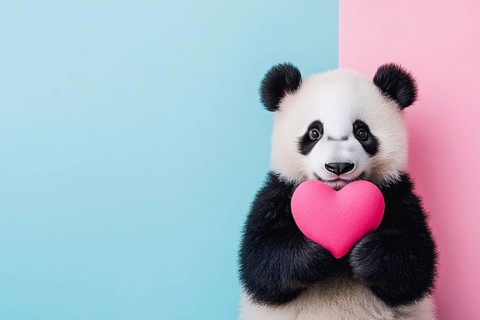 Cute Giant Panda bear holding pink plush heart in front of blue and pink background with copy space