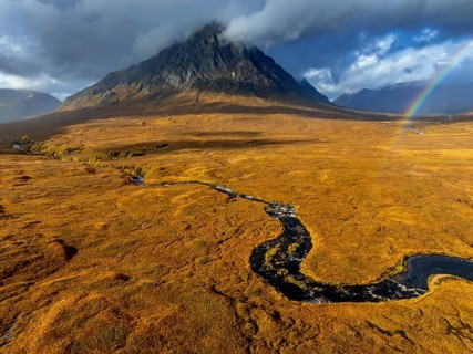 Morning light, cloudy mood, river, moor, mountain landscape, aerial view, rainbow, autumn, view of
