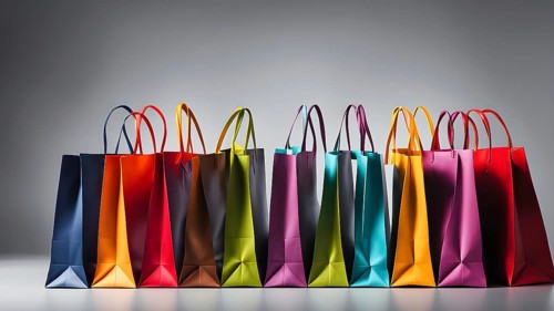 Assorted vibrant shopping bags lined up in front of a grey background, AI generated