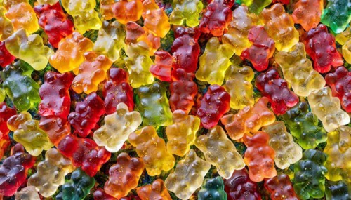 Glowing gummy bears in detailed view, intense colours, gummy bears, AI generated, AI generated