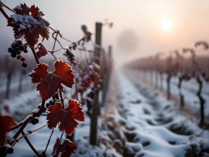 AI generated close up of winter in the vineyard with snow blankets dormant vines and ambient light