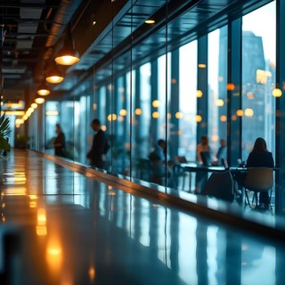 AI generated business office interior with people in casual wear in soft focus