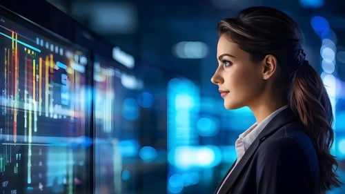 Caucasian female it specialist engaged in analyzing data for cyber security, AI generated