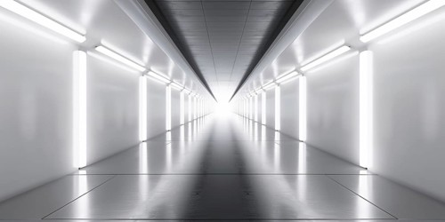 Futuristic long white hallway with lamps. Generative AI, AI generated