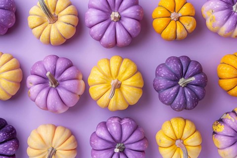 Op view of yellow and purple pumpkins on pastel blue background, Generative Ai, AI generated