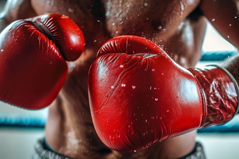 Close up of two red boxing gloves worn by man. Generative Ai, AI generated