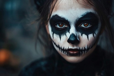Close up of woman's face with creepy skull Halloween costume makeup. Generative Ai, AI generated