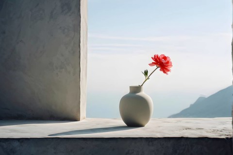 Minimalist ceramic vase composition with a single flower, AI generated