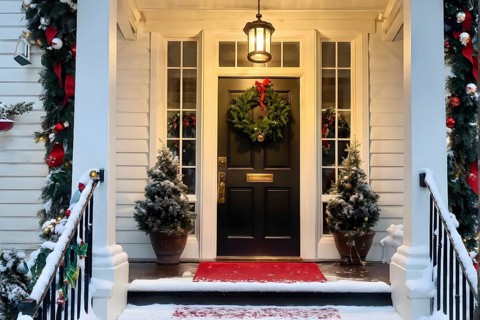 Festive front porch with holiday garlands wrapped around the columns, a wreath hanging on the door,