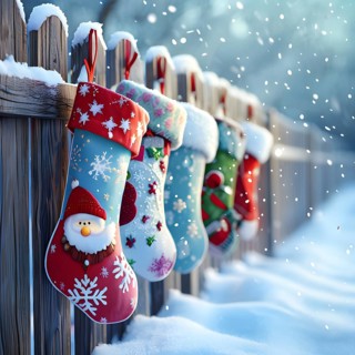 Row of Christmas stockings hanging from a snow-covered wooden fence, with delicate frost patterns