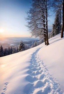 Footprints in fresh snow on a hill with a row of trees in winter in golden sunrise light, AI