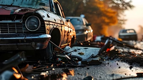 Close-up of damaged car wrecks after a road accident, AI generated