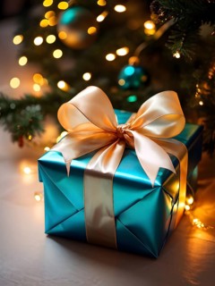 Close-up of a beautifully wrapped Christmas gift with a satin ribbon, set under a glowing Christmas
