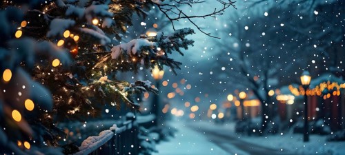 Christmas Eve with snowflakes fall under the light of a streetlamp with a decorated tree in the