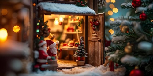 Traditional advent calendar door opening, showing a tiny festive scene inside with miniature