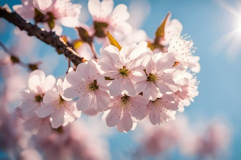 Blooming cherry blossoms with soft pink petals against a clear blue sky, with delicate sunlight